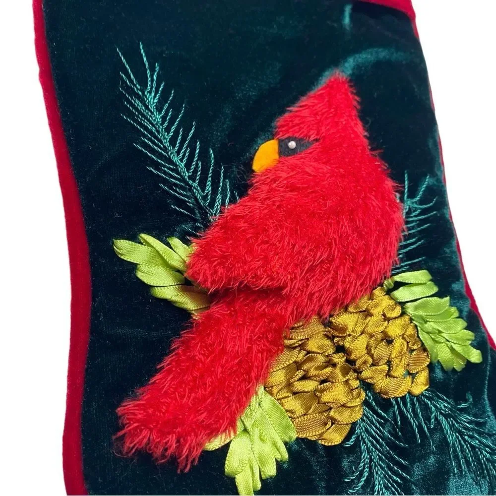 Santa’s Best 3D Red Cardinal on Branch Embroidered Velvet Christmas Stocking